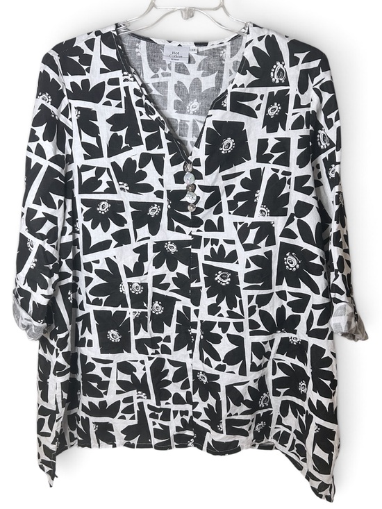 Hot Cotton Tops - Vintage Hot Cotton Linen Geo Floral Tunic Lagenlook Art Wear USA Black White 1X